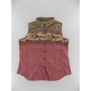 Bit & Bridle Horse Print Vest Top Womens Large Pink Brown Excellent Sleeveless